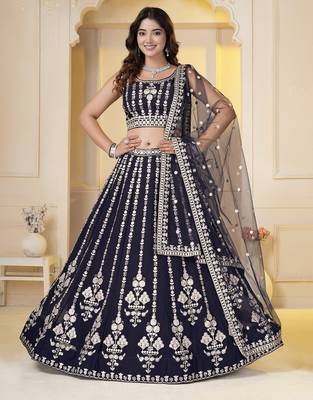 Navy Blue Georgette Embroidery, Sequins Work lehenga choli set 1