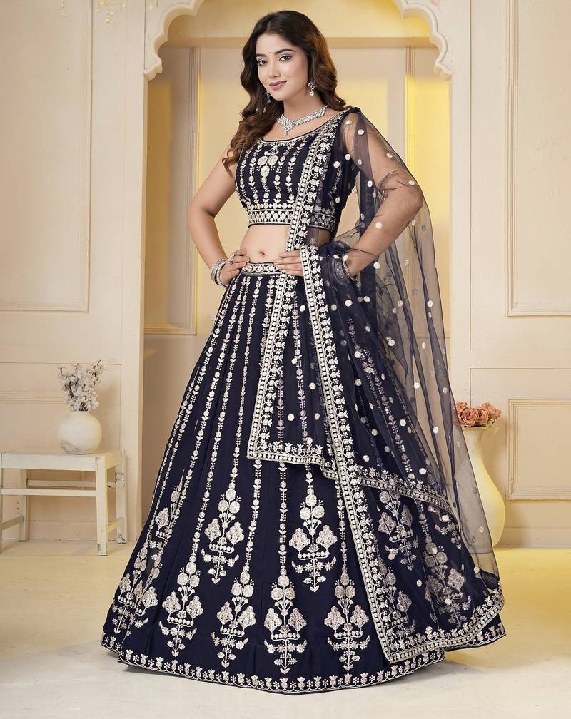 Navy Blue Georgette Embroidery, Sequins Work lehenga choli set