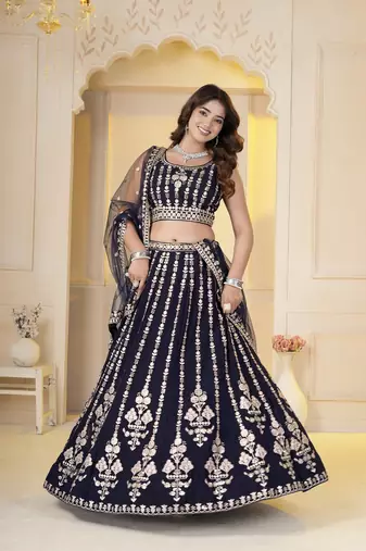 Navy Blue Georgette Embroidery, Sequins Work lehenga choli set