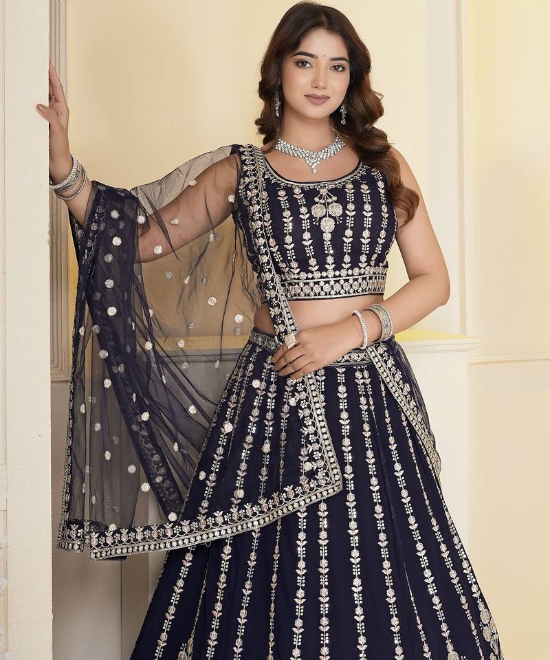 Navy Blue Georgette Embroidery, Sequins Work lehenga choli set