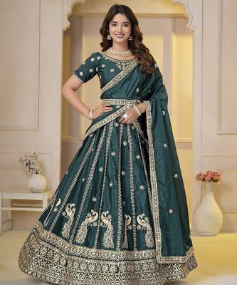 Dark Green Embroidery Zari, Sequins Work lehenga choli  1