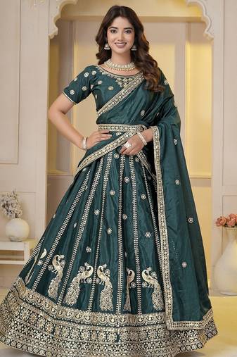Dark Green Embroidery Zari, Sequins Work lehenga choli 