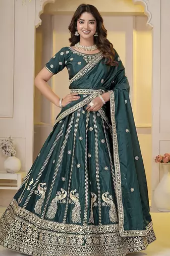 Dark Green Embroidery Zari, Sequins Work lehenga choli 