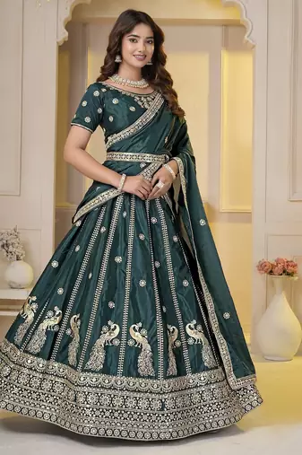 Dark Green Embroidery Zari, Sequins Work lehenga choli 
