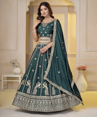 Dark Green Embroidery Zari, Sequins Work lehenga choli  3