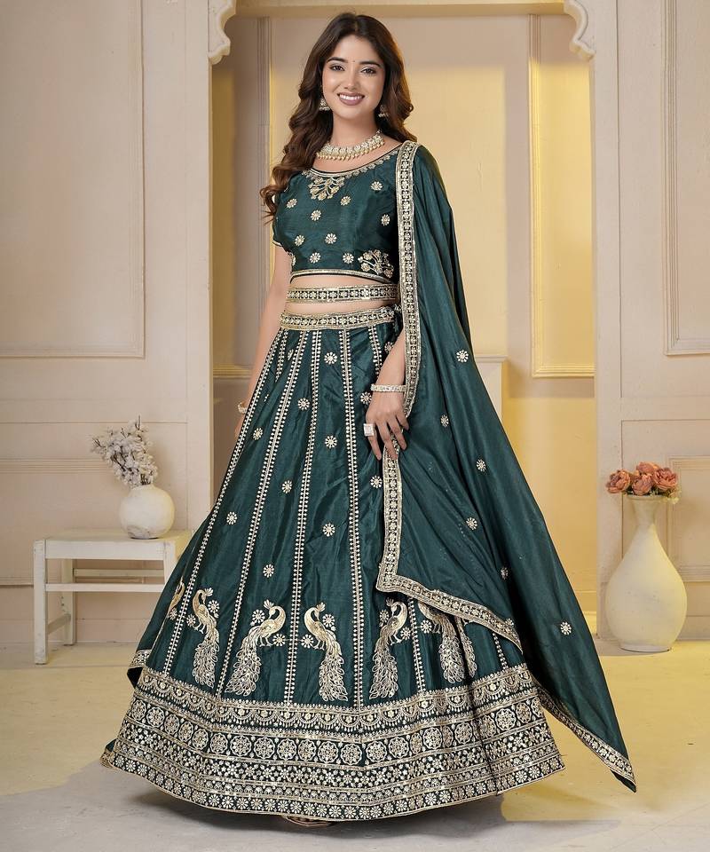 Dark Green Embroidery Zari, Sequins Work lehenga choli 