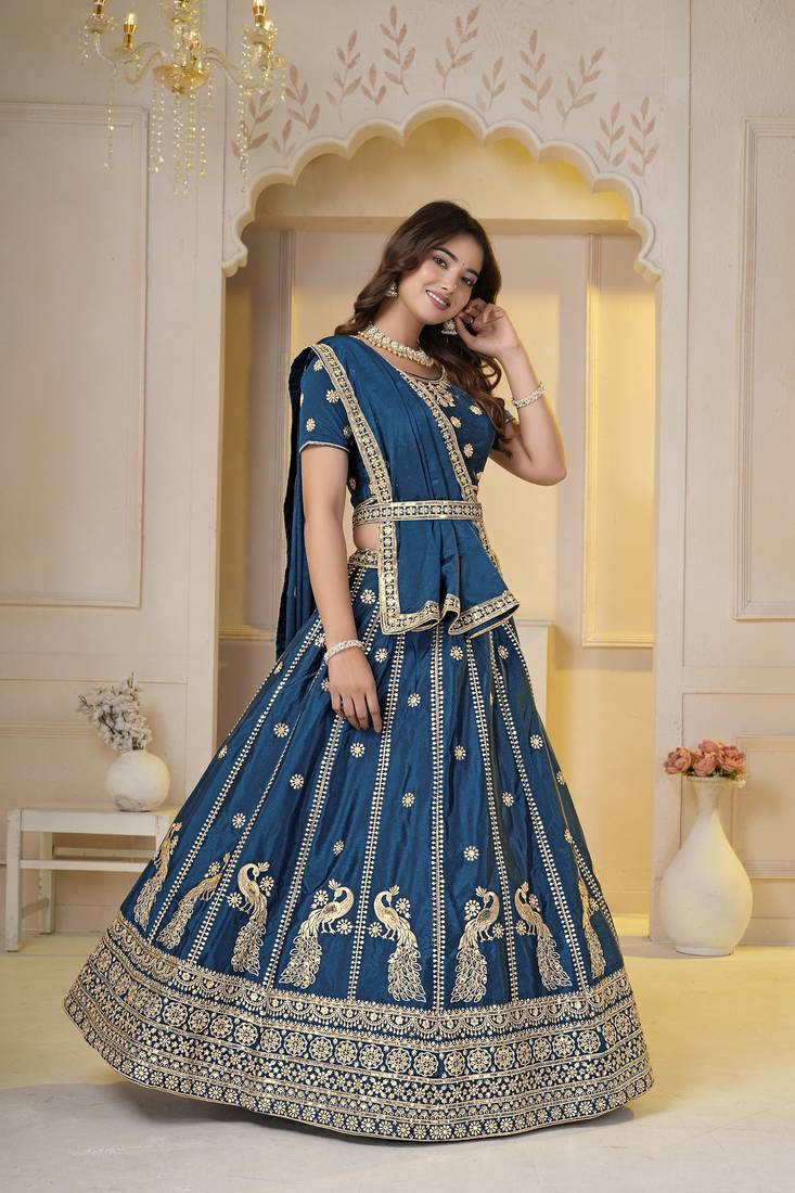 Teal Embroidery Zari, Sequins Work lehenga choli 