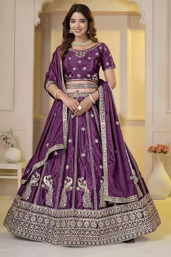 WINE Embroidery Zari, Sequins Work lehenga choli 