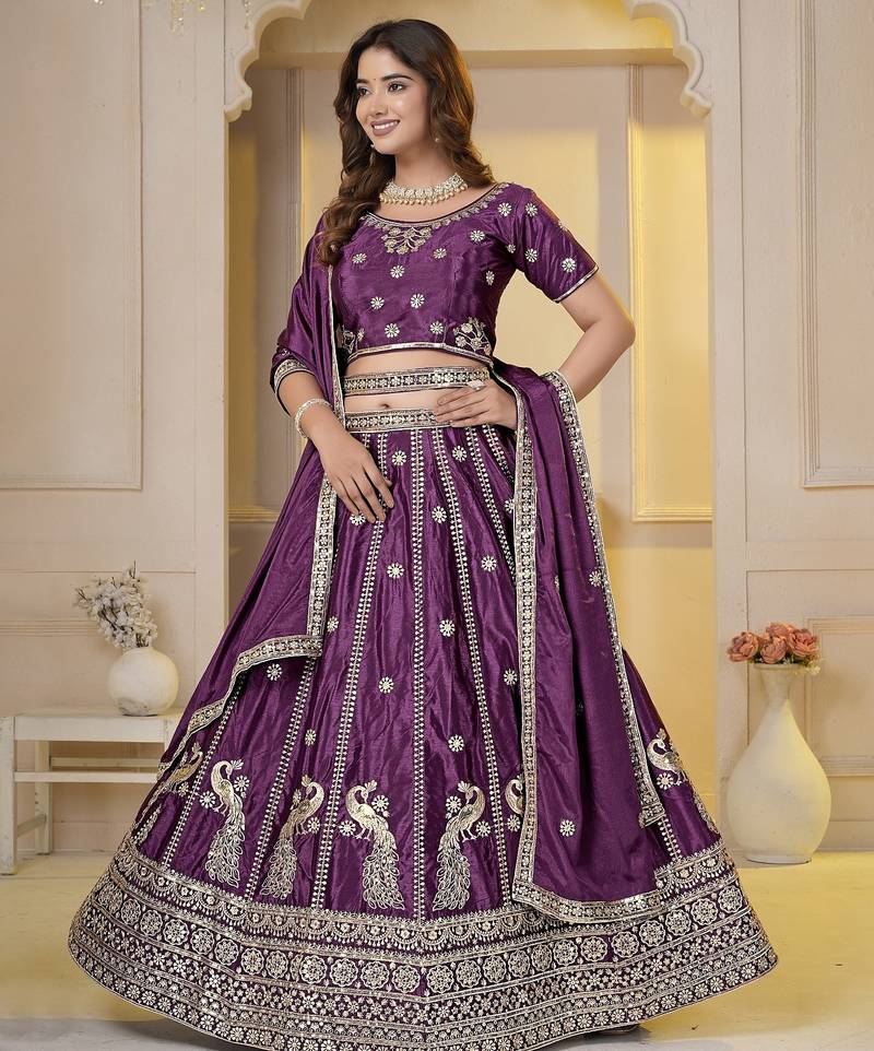 WINE Embroidery Zari, Sequins Work lehenga choli 