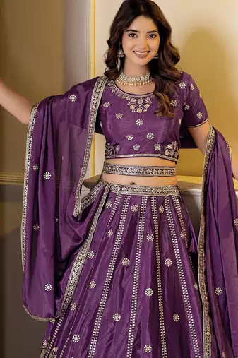 WINE Embroidery Zari, Sequins Work lehenga choli 