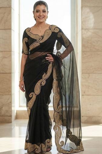 Black embroidered embellished zari net saree with unrtiched blouse piece