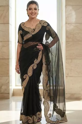 Black embroidered embellished zari net saree with unrtiched blouse piece