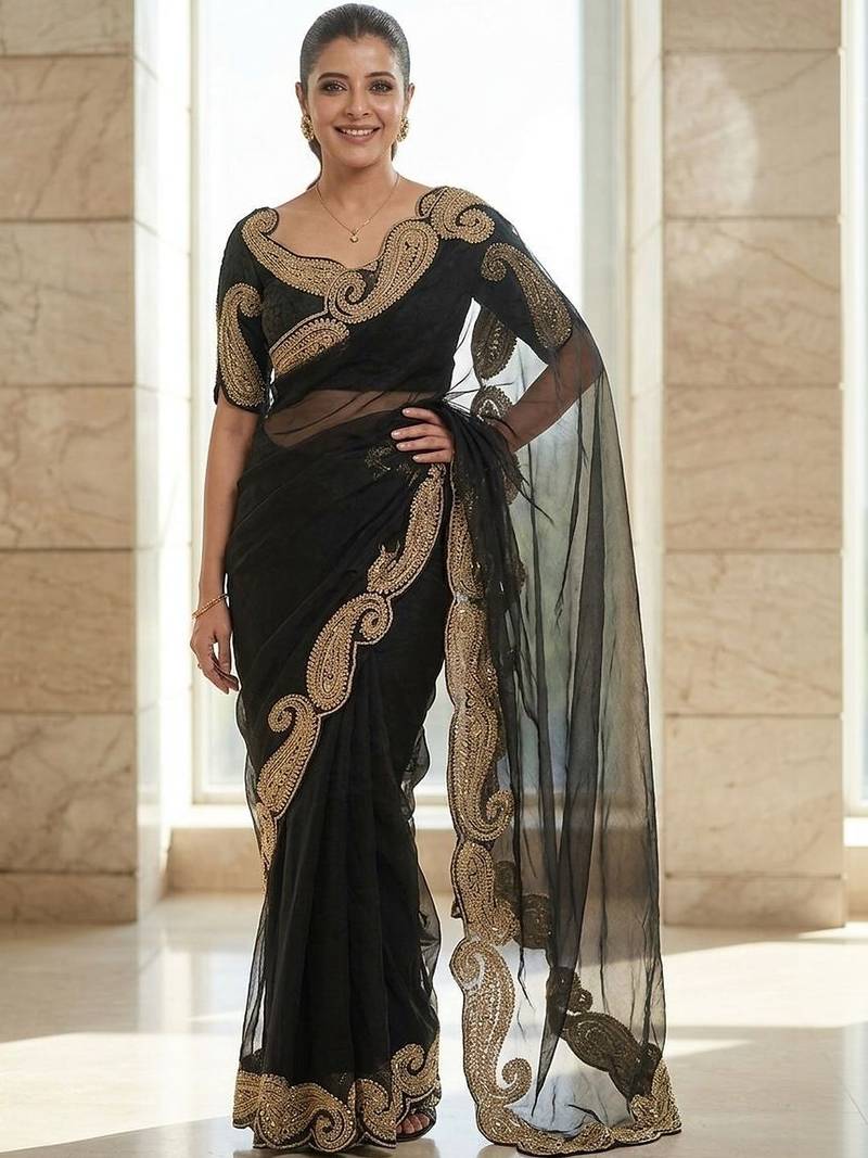 Black embroidered embellished zari net saree with unrtiched blouse piece