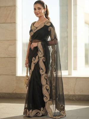 Black embroidered embellished zari net saree with unrtiched blouse piece 2