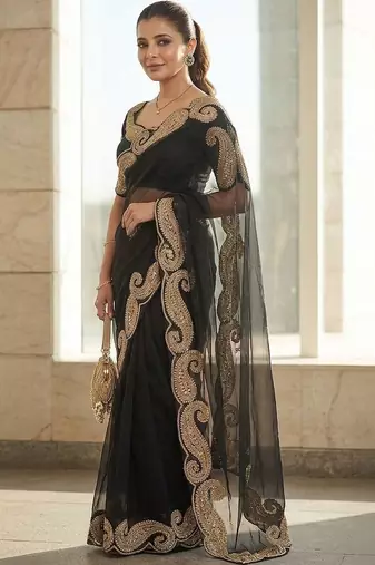 Black embroidered embellished zari net saree with unrtiched blouse piece