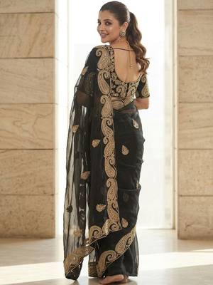 Black embroidered embellished zari net saree with unrtiched blouse piece 3