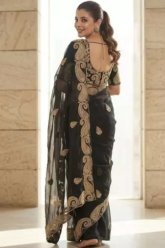 Black embroidered embellished zari net saree with unrtiched blouse piece