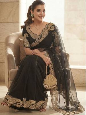 Black embroidered embellished zari net saree with unrtiched blouse piece 4