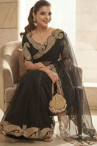 Black embroidered embellished zari net saree with unrtiched blouse piece