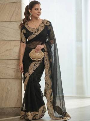 Black embroidered embellished zari net saree with unrtiched blouse piece 5