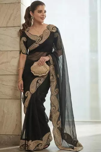 Black embroidered embellished zari net saree with unrtiched blouse piece