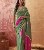 Green embellished sequinned  cotton saree
