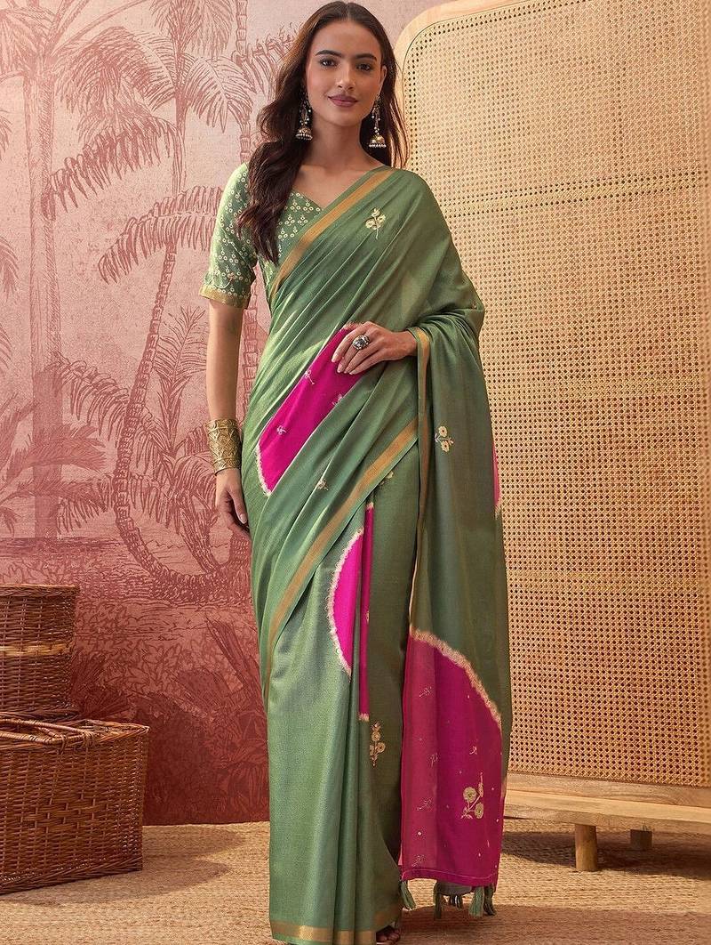 Green embellished sequinned  cotton saree