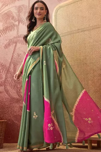 Green embellished sequinned  cotton saree