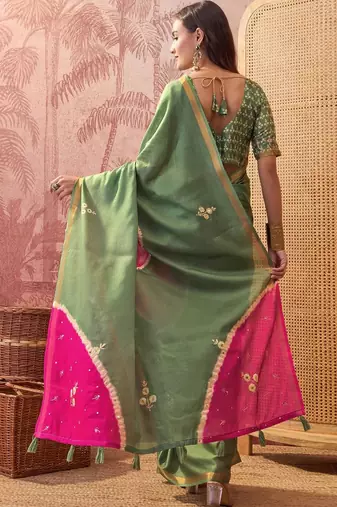 Green embellished sequinned  cotton saree