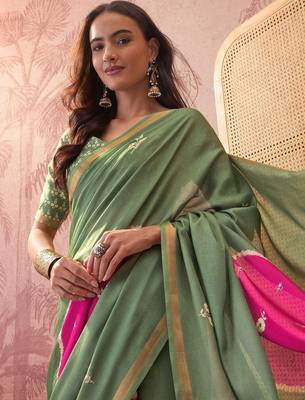Green embellished sequinned  cotton saree 5
