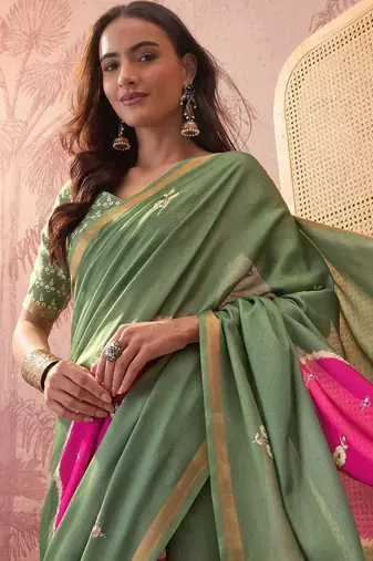 Green embellished sequinned  cotton saree