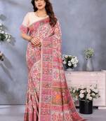 Pink paisley embroidered pashmina designer chanderi saree