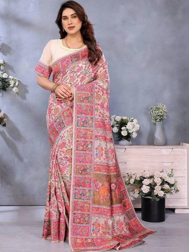 Pink paisley embroidered pashmina designer chanderi saree