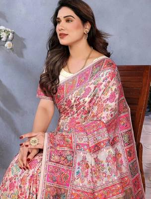 Pink paisley embroidered pashmina designer chanderi saree 2