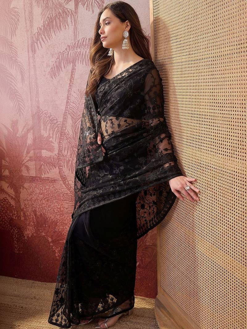 Black embroidered net sarees