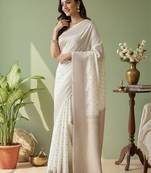 White ethnic motifs woven design banarasi saree with unstitched blouse