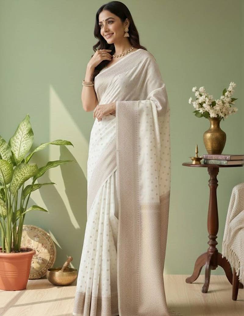 White ethnic motifs woven design banarasi saree with unstitched blouse