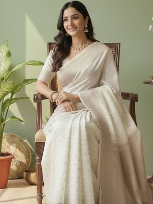 White ethnic motifs woven design banarasi saree with unstitched blouse 2