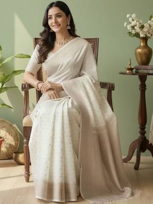 White ethnic motifs woven design banarasi saree with unstitched blouse 3