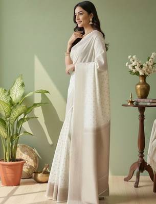 White ethnic motifs woven design banarasi saree with unstitched blouse 5