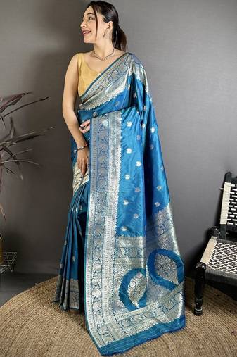 Blue woven design zari silk blend handloom banarasi saree