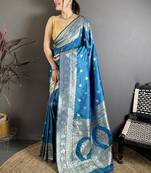 Blue woven design zari silk blend handloom banarasi saree