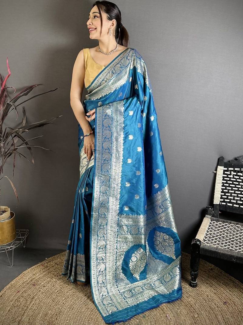 Blue woven design zari silk blend handloom banarasi saree