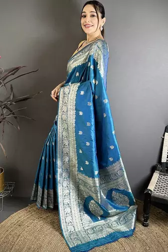 Blue woven design zari silk blend handloom banarasi saree