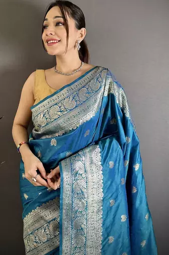 Blue woven design zari silk blend handloom banarasi saree