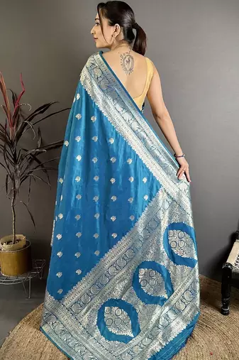 Blue woven design zari silk blend handloom banarasi saree