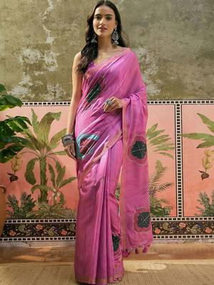 Pink ethnic motifs embroidered  cotton saree 1