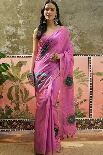 Pink ethnic motifs embroidered  cotton saree