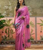 Pink ethnic motifs embroidered  cotton saree