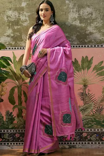 Pink ethnic motifs embroidered  cotton saree